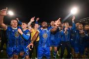 10 November 2023; Waterford players celebrate after their victory in the SSE Airtricity Men's Promotion / Relegation play-off match between Waterford and Cork City at Tallaght Stadium in Dublin. Photo by Stephen McCarthy/Sportsfile