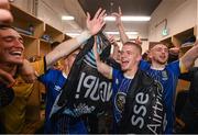 10 November 2023; Niall O’Keeffe of Waterford and team-mates celebrate after the SSE Airtricity Men's Premier Division Promotion / Relegation play-off match between Waterford and Cork City at Tallaght Stadium in Dublin. Photo by Stephen McCarthy/Sportsfile