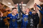 10 November 2023; Dean McMenamy, left, and Niall O’Keeffe of Waterford and team-mates celebrate after the SSE Airtricity Men's Premier Division Promotion / Relegation play-off match between Waterford and Cork City at Tallaght Stadium in Dublin. Photo by Stephen McCarthy/Sportsfile