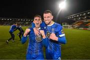 10 November 2023; Dean McMenamy, left, and Killian Cantwell of Waterford celebrate after the SSE Airtricity Men's Premier Division Promotion / Relegation play-off match between Waterford and Cork City at Tallaght Stadium in Dublin. Photo by Stephen McCarthy/Sportsfile