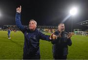 10 November 2023; Waterford head coach Keith Long and assistant head coach Alan Reynolds, right, celebrate after the SSE Airtricity Men's Premier Division Promotion / Relegation play-off match between Waterford and Cork City at Tallaght Stadium in Dublin. Photo by Stephen McCarthy/Sportsfile