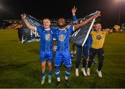 10 November 2023; Niall O’Keeffe, left, and Christie Pattisson of Waterford celebrate after the SSE Airtricity Men's Premier Division Promotion / Relegation play-off match between Waterford and Cork City at Tallaght Stadium in Dublin. Photo by Stephen McCarthy/Sportsfile