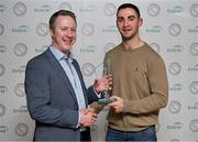 10 November 2023; Personality of the Year recipient Dublin footballer James McCarthy is presented with his award by Gaelic Writers Association secretary Pat Nolan at the Gaelic Writers’ Association Awards, supported by EirGrid,  at the Iveagh Garden Hotel in Dublin. Photo by Brendan Moran/Sportsfile