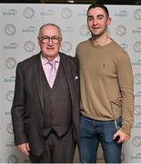 10 November 2023; Personality of the Year recipient Dublin footballer James McCarthy with Hall of Fame recipient Mickey Kearins of Sligo at the Gaelic Writers’ Association Awards, supported by EirGrid,  at the Iveagh Garden Hotel in Dublin. Photo by Brendan Moran/Sportsfile