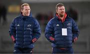 10 November 2023; Munster attack coach Mike Prendergast, left, and forwards coach Andi Kyriacou before the United Rugby Championship match between Ulster and Munster at Kingspan Stadium in Belfast. Photo by Seb Daly/Sportsfile