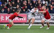 10 November 2023; Billy Burns of Ulster in action against Munster players Craig Casey, left, and Jeremy Loughman during the United Rugby Championship match between Ulster and Munster at Kingspan Stadium in Belfast. Photo by Seb Daly/Sportsfile