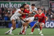 10 November 2023; Jacob Stockdale of Ulster is tackled by Alex Nankivell of Munster during the United Rugby Championship match between Ulster and Munster at Kingspan Stadium in Belfast. Photo by Seb Daly/Sportsfile