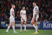 10 November 2023; Ulster players Jacob Stockdale, centre, with Nathan Doak, left, and Stuart McCloskey during the United Rugby Championship match between Ulster and Munster at Kingspan Stadium in Belfast. Photo by Seb Daly/Sportsfile