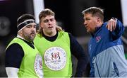 10 November 2023; Ulster defence coach Jonny Bell in conversation with Marty Moore, left, and Scott Wilson before the United Rugby Championship match between Ulster and Munster at Kingspan Stadium in Belfast. Photo by Ramsey Cardy/Sportsfile