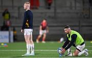 10 November 2023; Ulster scrum-halves Nathan Doak, left, and John Cooney before the United Rugby Championship match between Ulster and Munster at Kingspan Stadium in Belfast. Photo by Ramsey Cardy/Sportsfile