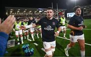 10 November 2023; Nick Timoney, left, and Tom Stewart of Ulster before the United Rugby Championship match between Ulster and Munster at Kingspan Stadium in Belfast. Photo by Ramsey Cardy/Sportsfile