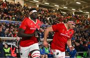 10 November 2023; Edwin Edogbo, left, and Gavin Coombes of Munster before the United Rugby Championship match between Ulster and Munster at Kingspan Stadium in Belfast. Photo by Ramsey Cardy/Sportsfile
