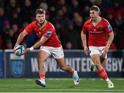 10 November 2023; Alex Nankivell, left, and Jack Crowley of Munster during the United Rugby Championship match between Ulster and Munster at Kingspan Stadium in Belfast. Photo by Ramsey Cardy/Sportsfile