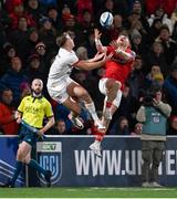 10 November 2023; Stewart Moore of Ulster and Calvin Nash of Munster during the United Rugby Championship match between Ulster and Munster at Kingspan Stadium in Belfast. Photo by Ramsey Cardy/Sportsfile