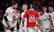 10 November 2023; Ulster players, from left, Iain Henderson, Nathan Doak, Eric O'Sullivan and Rob Herring celebrate a try scored by Nick Timoney during the United Rugby Championship match between Ulster and Munster at Kingspan Stadium in Belfast. Photo by Ramsey Cardy/Sportsfile
