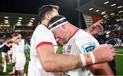 10 November 2023; Jacob Stockdale, left, and Rob Herring of Ulster after the United Rugby Championship match between Ulster and Munster at Kingspan Stadium in Belfast. Photo by Ramsey Cardy/Sportsfile