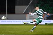 3 November 2023; Dylan Watts of Shamrock Rovers shoots to score his side's second goal, from a free kick, during the SSE Airtricity Men's Premier Division match between Shamrock Rovers and Sligo Rovers at Tallaght Stadium in Dublin. Photo by Stephen McCarthy/Sportsfile Photo by Stephen McCarthy/Sportsfile