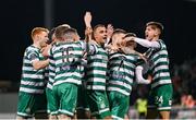 3 November 2023; Graham Burke celebrates with his Shamrock Rovers team-mates after Dylan Watts, 7, scored their second goal during the SSE Airtricity Men's Premier Division match between Shamrock Rovers and Sligo Rovers at Tallaght Stadium in Dublin. Photo by Stephen McCarthy/Sportsfile