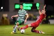 3 November 2023; Neil Farrugia of Shamrock Rovers is tackled by Reece Hutchinson of Sligo Rovers during the SSE Airtricity Men's Premier Division match between Shamrock Rovers and Sligo Rovers at Tallaght Stadium in Dublin. Photo by Stephen McCarthy/Sportsfile