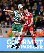 3 November 2023; Rory Gaffney of Shamrock Rovers in action against Karl O’Sullivan of Sligo Rovers during the SSE Airtricity Men's Premier Division match between Shamrock Rovers and Sligo Rovers at Tallaght Stadium in Dublin. Photo by Stephen McCarthy/Sportsfile