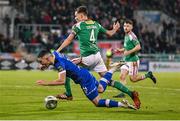 10 November 2023; Ronan Coughlan of Waterford is fouled by Cian Coleman of Cork City, resulting in a penalty being awarded to Waterford, during the SSE Airtricity Men's Premier Division Promotion / Relegation play-off match between Waterford and Cork City at Tallaght Stadium in Dublin. Photo by Stephen McCarthy/Sportsfile