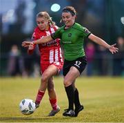 11 November 2023; Dearbhaile Beirne of Peamount United is tackled by Casey Howe of Sligo Rovers during the SSE Airtricity Women's Premier Division match between Peamount United and Sligo Rovers at PRL Park in Greenogue, Dublin. Photo by Stephen McCarthy/Sportsfile