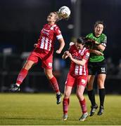 11 November 2023; Emma Hansberry, left, and Lauren Boles of Sligo Rovers in action against Karen Duggan of Peamount United during the SSE Airtricity Women's Premier Division match between Peamount United and Sligo Rovers at PRL Park in Greenogue, Dublin. Photo by Stephen McCarthy/Sportsfile