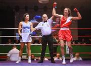 11 November 2023; Linda Desmond of Rylane Boxing Club, Cork, right, celebrates as she is declared victorious in her light welterweight 63kg final bout against Isabella Hughes of St Mary's Boxing Club, Dublin, at the IABA National Elite Boxing Championships 2024 Finals at the National Boxing Stadium in Dublin. Photo by Seb Daly/Sportsfile