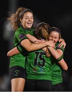11 November 2023; Ellen Dolan of Peamount United celebrates with team-mates Jessica Fitzgerald, left, and Erin McLoughlin, right, after scoring her side's fourth goal during the SSE Airtricity Women's Premier Division match between Peamount United and Sligo Rovers at PRL Park in Greenogue, Dublin. Photo by Stephen McCarthy/Sportsfile