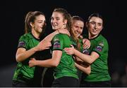 11 November 2023; Ellen Dolan of Peamount United, second from right, celebrates with team-mates, from left, Jessica Fitzgerald, Erin McLoughlin and Sadhbh Doyle after scoring her side's fourth goal during the SSE Airtricity Women's Premier Division match between Peamount United and Sligo Rovers at PRL Park in Greenogue, Dublin. Photo by Stephen McCarthy/Sportsfile