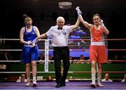11 November 2023; Kellie Harrington of St Mary’s Boxing Club, Dublin, right, is declared victorious after her lightweight 60kg final bout against Zara Breslin of Tramore Boxing Club, Waterford, at the IABA National Elite Boxing Championships 2024 Finals at the National Boxing Stadium in Dublin. Photo by Seb Daly/Sportsfile