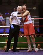 11 November 2023; Kellie Harrington of St Mary’s Boxing Club, Dublin, with referee Philip Rooney, after refereeing his last match, after winning her lightweight 60kg final bout against Zara Breslin of Tramore Boxing Club, Waterford, at the IABA National Elite Boxing Championships 2024 Finals at the National Boxing Stadium in Dublin. Photo by Seb Daly/Sportsfile