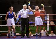 11 November 2023; Lois Walsh of Fr Flanagan Boxing Club, Kildare, right, is declared victorious over Carol Coughlan of Monkstown Boxing Club, Dublin, after their minimumweight 48kg final bout at the IABA National Elite Boxing Championships 2024 Finals at the National Boxing Stadium in Dublin. Photo by Seb Daly/Sportsfile