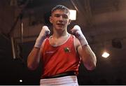 11 November 2023; Jude Gallagher of Two Castles Boxing Club, Tyrone, celebrates victory over Adam Hession of Monivea Boxing Club, Galway, after their featherweight 57kg final bout at the IABA National Elite Boxing Championships 2024 Finals at the National Boxing Stadium in Dublin. Photo by Seb Daly/Sportsfile