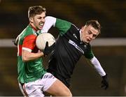 11 November 2023; Conor McStay of Ballina Stephenites in action against Danny Buckley of Fulham Irish during the AIB Connacht GAA Football Senior Club Championship quarter-final match between Ballina Stephenites, Mayo, and Fulham Irish, London, at Hastings Insurance MacHale Park in Castlebar, Mayo. Photo by Piaras Ó Mídheach/Sportsfile