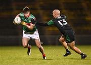 11 November 2023; Frank Irwin of Ballina Stephenites in action against Daniel Eastwood of Fulham Irish during the AIB Connacht GAA Football Senior Club Championship quarter-final match between Ballina Stephenites, Mayo, and Fulham Irish, London, at Hastings Insurance MacHale Park in Castlebar, Mayo. Photo by Piaras Ó Mídheach/Sportsfile