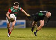 11 November 2023; Frank Irwin of Ballina Stephenites in action against Daniel Eastwood of Fulham Irish during the AIB Connacht GAA Football Senior Club Championship quarter-final match between Ballina Stephenites, Mayo, and Fulham Irish, London, at Hastings Insurance MacHale Park in Castlebar, Mayo. Photo by Piaras Ó Mídheach/Sportsfile