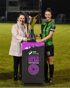 11 November 2023; SSE Airtricity marketing specialist Ruth Rapple presents Peamount United captain Karen Duggan with the SSE Airtricity Women's Premier Division trophy after the SSE Airtricity Women's Premier Division match between Peamount United and Sligo Rovers at PRL Park in Greenogue, Dublin. Photo by Stephen McCarthy/Sportsfile