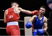 11 November 2023; Jude Gallagher of Two Castles Boxing Club, Tyrone, left, and Adam Hession of Monivea Boxing Club, Galway, during their featherweight 57kg final bout at the IABA National Elite Boxing Championships 2024 Finals at the National Boxing Stadium in Dublin. Photo by Seb Daly/Sportsfile