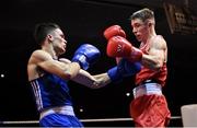 11 November 2023; Jude Gallagher of Two Castles Boxing Club, Tyrone, right, and Adam Hession of Monivea Boxing Club, Galway, during their featherweight 57kg final bout at the IABA National Elite Boxing Championships 2024 Finals at the National Boxing Stadium in Dublin. Photo by Seb Daly/Sportsfile
