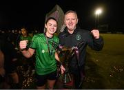 11 November 2023; Peamount United manager James O'Callaghan and Lauryn O’Callaghan celebrate with the SSE Airtricity Women's Premier Division trophy after the SSE Airtricity Women's Premier Division match between Peamount United and Sligo Rovers at PRL Park in Greenogue, Dublin. Photo by Stephen McCarthy/Sportsfile