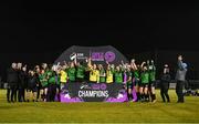 11 November 2023; Peamount United players and staff celebrate with the SSE Airtricity Women's Premier Division trophy after the SSE Airtricity Women's Premier Division match between Peamount United and Sligo Rovers at PRL Park in Greenogue, Dublin. Photo by Stephen McCarthy/Sportsfile