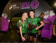 11 November 2023; Tara O’Hanlon, left, and Lauryn O’Callaghan of Peamount United celebrate with the SSE Airtricity Women's Premier Division trophy after the SSE Airtricity Women's Premier Division match between Peamount United and Sligo Rovers at PRL Park in Greenogue, Dublin. Photo by Stephen McCarthy/Sportsfile