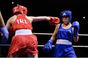 11 November 2023; Shannon Sweeney of St Anne's Boxing Club, Westport, left, and Daina Moorehouse of Enniskerry Boxing Club, Wicklow, during their light flyweight 50kg final bout at the IABA National Elite Boxing Championships 2024 Finals at the National Boxing Stadium in Dublin. Photo by Seb Daly/Sportsfile