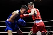11 November 2023; Jude Gallagher of Two Castles Boxing Club, Tyrone, right, and Adam Hession of Monivea Boxing Club, Galway, during their featherweight 57kg final bout at the IABA National Elite Boxing Championships 2024 Finals at the National Boxing Stadium in Dublin. Photo by Seb Daly/Sportsfile