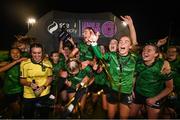 11 November 2023; Peamount United players celebrate with the SSE Airtricity Women's Premier Division trophy after the SSE Airtricity Women's Premier Division match between Peamount United and Sligo Rovers at PRL Park in Greenogue, Dublin. Photo by Stephen McCarthy/Sportsfile