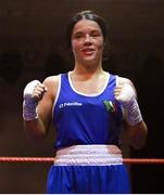 11 November 2023; Daina Moorehouse of Enniskerry Boxing Club, Wicklow, celebrates victory over Shannon Sweeney of St Anne's Boxing Club, Westport, after their light flyweight 50kg final bout at the IABA National Elite Boxing Championships 2024 Finals at the National Boxing Stadium in Dublin. Photo by Seb Daly/Sportsfile
