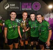 11 November 2023; Peamount United players, from left, Jetta Berrill, Chloe Moloney, Lauryn O’Callaghan and Dearbhaile Beirne celebrate with the SSE Airtricity Women's Premier Division trophy after the SSE Airtricity Women's Premier Division match between Peamount United and Sligo Rovers at PRL Park in Greenogue, Dublin. Photo by Stephen McCarthy/Sportsfile