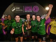 11 November 2023; Peamount United players, from left, Jetta Berrill, Chloe Moloney, Lauryn O’Callaghan and Dearbhaile Beirne celebrate with the SSE Airtricity Women's Premier Division trophy after the SSE Airtricity Women's Premier Division match between Peamount United and Sligo Rovers at PRL Park in Greenogue, Dublin. Photo by Stephen McCarthy/Sportsfile