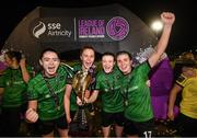 11 November 2023; Peamount United players, from left, Jetta Berrill, Chloe Moloney, Lauryn O’Callaghan and Dearbhaile Beirne celebrate with the SSE Airtricity Women's Premier Division trophy after the SSE Airtricity Women's Premier Division match between Peamount United and Sligo Rovers at PRL Park in Greenogue, Dublin. Photo by Stephen McCarthy/Sportsfile